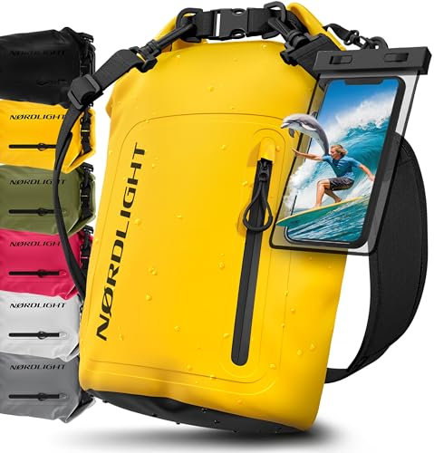 Nordlight Dry Bag wasserdichte Tasche mit Handyhülle + Roll-Top, Schultergurt | Drybag wasserfester Rucksack Beutel Packsack Seesack Wassersack Wetbag | Baden Schwimmen Strand SUP – Gelb, 20 Liter