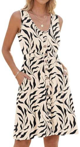 AUSELILY Vestito Donna Estivo con Scollo a V Senza Maniche Lunghezza al Ginocchio Elastico in Vita Decorazione con Bottoni Abito Casual con Tasch Foglie Nere Albicocca M