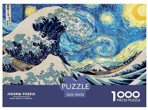 Starry Night-The Great Wave Off Kanagawa Hölzerne Puzzles Wasserfest 1000 Teile DIY- Puzzle Für Erwachsene Herausfordernd Und Knifflig Lernspiele​