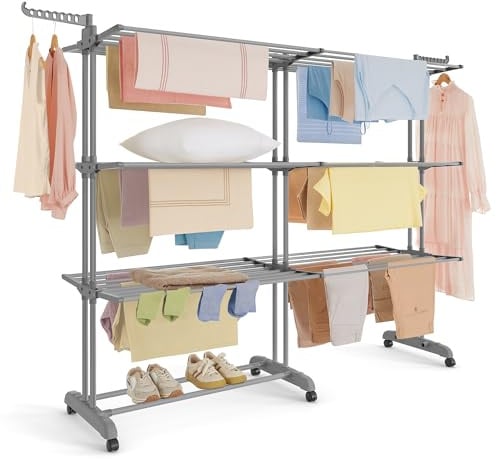 SONGMICS Wäscheständer, 4 Ebenen, ausziehbar, groß, mit Rollen | Flügelwäscheständer, klappbare Flügel, 63,5 x (131-200) x 177,5 cm, einfacher Aufbau, taubengrau, BUNJI Kollektion LLR704G01