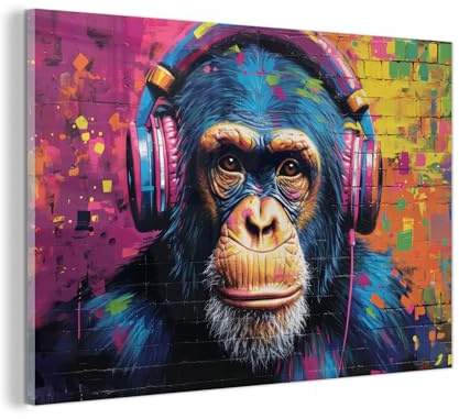 MuchoWow© Bild auf Glas Schlafzimmer Bilder Badezimmer Wand Deko Wohnzimmer | 120x80 cm - Modern Wanddeko Bilderwand Geschenk Graffiti - Schimpanse - Streetart - Kopfhörer - Affe