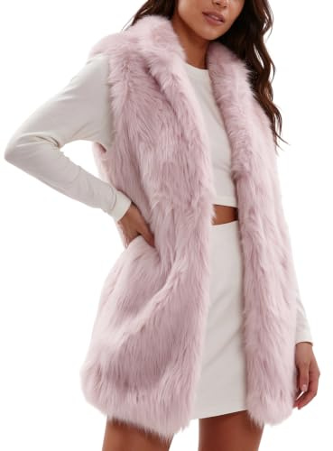 Amazhiyu Gilet en fausse fourrure pour femme, gilet chaud avec poche et ceinture, sans manches, col rond, cardigan long pour hiver/automne