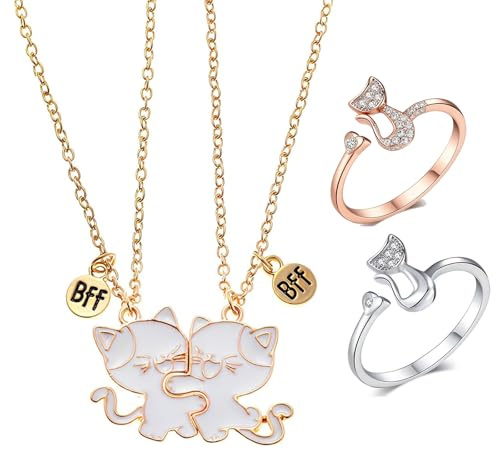 VYNZOR 2 pezzi collana con ciondolo gatto abbinato, collane BFF dell'amicizia in acciaio inossidabile, regalo di gioielli per amicizia, Include 2 anelli a forma di gatto