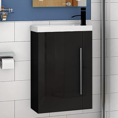 Aica Sanitär Waschtisch mit Unterschrank 45cm Gäste WC Badmöbel Set Hochglanz Schwarz Waschbecken mit Unterschrank Hängeschrank MDF Softclose