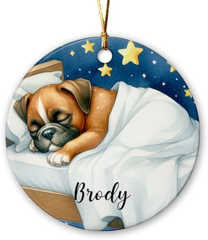 Keramik Weihnachts Ornamente Boxer Schlafender Hund Weihnachtsdekoration Christbaum Baumschmuck Anhänger Mit Seil 7.3Cm