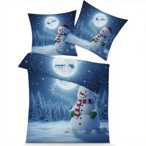 GEDAEUBA Winter Bettwäsche 140x200 Weihnachten Blau - Schneemann Rentier Weihnachtsmann Bettbezug, Wendebettwäsche und Kissenbezug 70x90, Weiche Mikrofaser Bettwäsche-Sets mit Reißverschluss