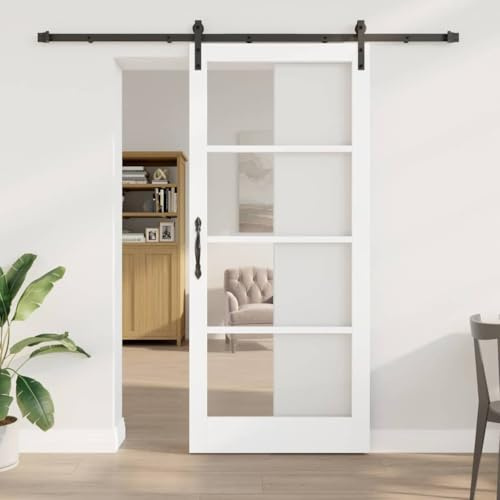 Porte coulissante ORKDAL blanche en bois massif de pin et verre 93 x 211 cm avec rail, butée de porte et roulettes pour intérieur, glissement silencieux, design moderne pour chambre et salon