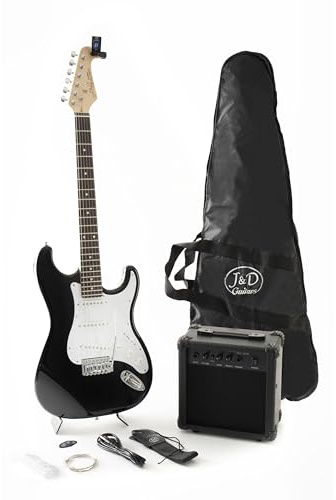 J & D ST Rock Guitar Einsteiger Set mit schwarzer ST-Stil E-Gitarre, Verstärker, Stimmgerät, Gigbag, Kabel, Gurt, Plektren, Saiten