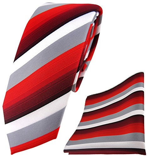 TigerTie - schmale Designer Krawatte Designer Einstecktuch in rot weinrot grau weiss gestreift