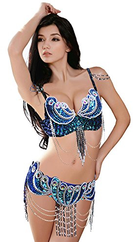 ROYAL SMEELA Bauchtanz Kostüm-Set Profi für Frauen Karneval Tanzen BH und Gürtel, dunkelblau