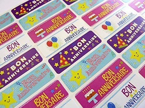 Pack of 32 Bon Anniversaire French Birthday Greeting Stickers, Colourful Self-Stick Labels for Cards, Envelopes, Craft, Decoration