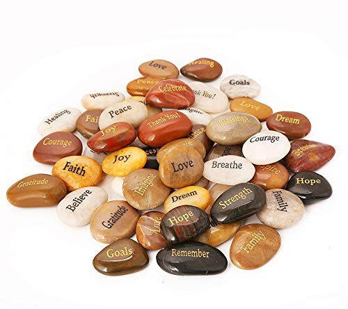 ROCKIMPACT 50 Stück Steine mit Spruch Glück Gravierte Steine Gravur Inspirierende Steine Glücksbringer Ermutigung Dankbarkeit Geschenk Glückssteine (Großhandel, Verschiedene Sprüche, je 5-8 cm)