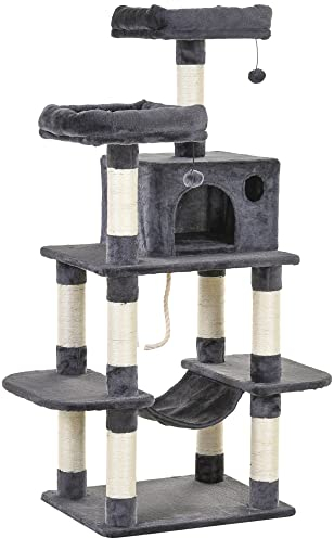 PawHut Katzenbaum Luxus mit Hängematte Katzenhaus Kletterbaum mit Hängematte und Katzenhaus Katzenspielturm Dunkelgrau 60 x 48 x 144 cm