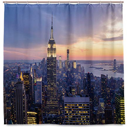 Rideau de douche New York City Skyscraperst en tissu polyester imperméable et résistant pour salle de bain avec 12 crochets 182,9 x 183 cm