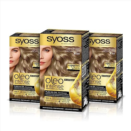 Syoss Oleo Intense - Tinte 8-50 Rubio Ceniza – Coloración permanente Sin Amoníaco – Cobertura profesional de canas – Resultados de peluquería (Pack De 3)
