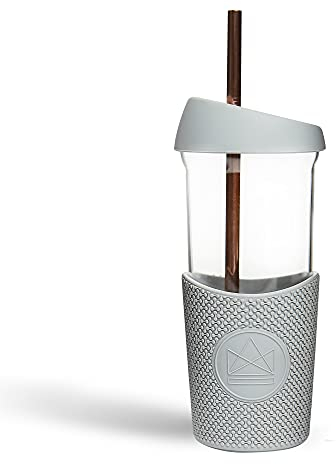 Neon Kactus Forever Young 510ml Smoothie-Becher mit Metall Strohhalm, Mehrweg-Glasbecher, 2 x Thermo Deckel mit Silikondichtung und 1 x Thermo Hülle, Wiederverwendbar, Recycelbar, und auslaufsicher