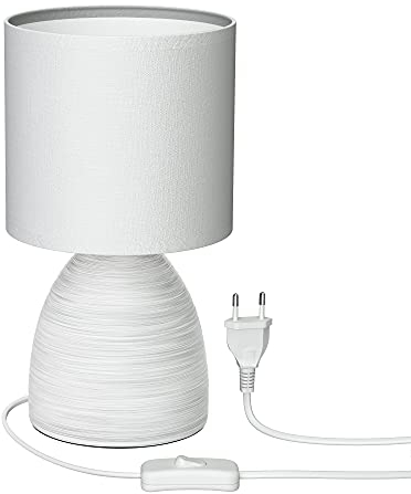 ledscom.de Tischlampe CALA, Schalter, Keramik, Stoff, weiß, 1x E14 max. 40W, Tischleuchte, Nachttischlampe, Nachttischleuchte, Nachtlicht, Keramiklampe, Keramikleuchte, Keramik-Sockel