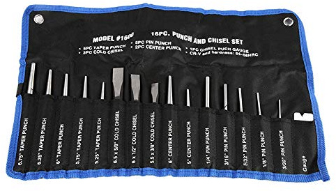 16Pcs Chisel Punch Tool Punch and Chisel Set Heavy Duty Pin Punch Set Mechanics Chisel Punches Set, Efficient Work Punching and Aligning, Engraved Sizes for Identification