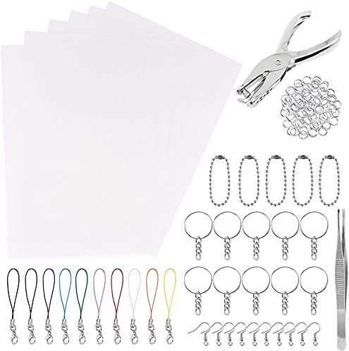 Anvin 157 Stück Wärmeschrumpf-Plastikfolien-Kit 20 Stück Schrumpfendes Kunstfilmpapier mit 135 Stück Schlüsselanhänger Zubehör und Locher, Pinzette für kreatives Basteln zum Selbermachen