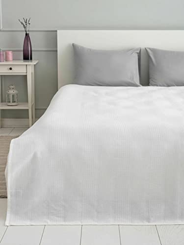 furni24 Pique-Decke Tagesdecke Piqué Wohndecke Wendedecke Kuscheldeck Sofadecke Couchdecke, Tagesdecke Farbe:Weib, 200x220cm