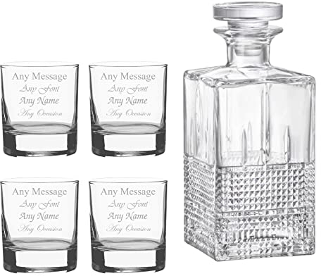 Personalised Engraved 4 x 11.5oz Side Whisky Glasses and (un-Engraved) Bartender Decanter Any Message Set