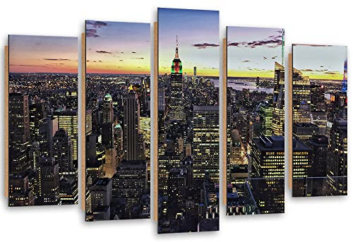 Feeby Dekobild 5 Paneele 200x100 cm New York Empire State Building Manhattan Wanddekoration Kunstdruck Zimmerdeko Bilderwand Wolken Abend Wolkenkratzer mehrfarbig