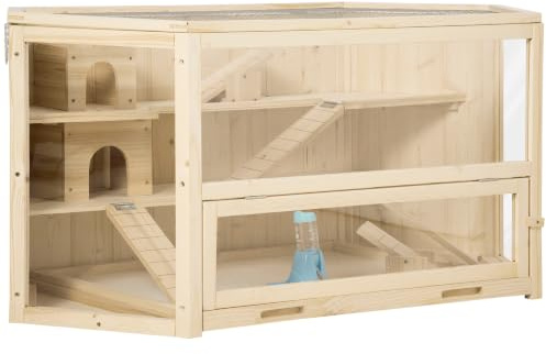 PawHut Casetta per Criceti in Legno a 3 Livelli 115x60x55cm, Color Legno | Casa per Criceti e Piccoli Roditori, Tetto Apribile, Parete Trasparente