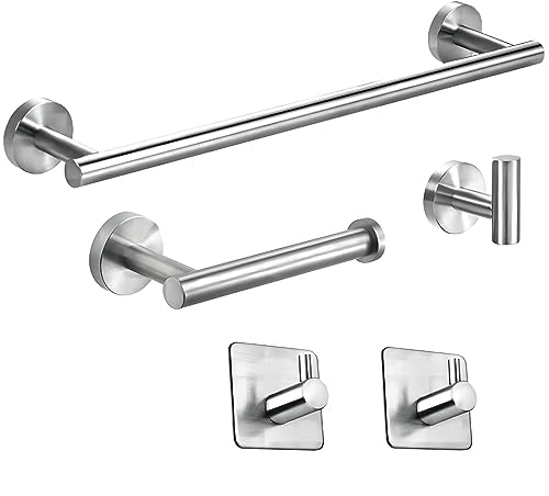 Yozhch Bath Hardware Set - Wall Mounted Towel Rail and Toilet Roll Holder, 3 Robe Hooks, 5 Pcs Stainless Steel, 40cm Towel Bar (Brushed Silver)