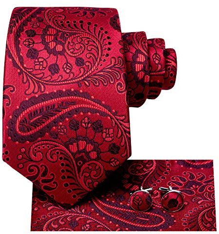 Hi-Tie Herren Krawatte Schwarz Paisley/Plaid/Streifen/Einfarbig Krawatten Set Einstecktuch Manschettenknöpfe Business Formal Hochzeit Meeting Geschenkbox,rotes Paisley-Blumenmuster
