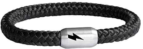 AC DC Segeltau Fan Armband Schwarz Geflochten Silber Blitz Kiss Gravur Metall Rocker Maiden Manson (20.00)