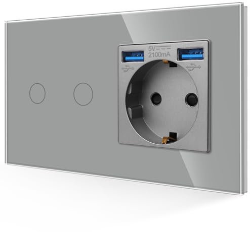JIMEIDA Toma USB con interruptor de luz en gris, Toma Schuko 3 en 1 de cristal de 16A de empotrar con 2 cargadores USB (2.1A), interruptor de pared táctil de 2 pines con LED de estado, 86mm*157mm