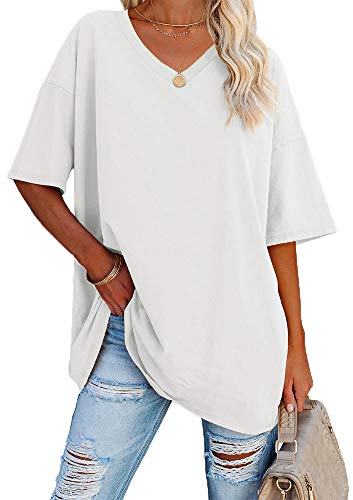 Ebifin Damen Oversize T Shirt mit V-Ausschnitt Kurzärmeliges Casual Lockere Basic Sommer Tee Shirts Bluse.Weiß.XL