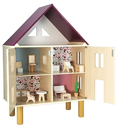 Janod - Twist Wooden Dollhouse - 11 Wood Accessories - Doll Furniture - Magnetic Doors - FSC Wooden Toy - 3 Years +, J06617