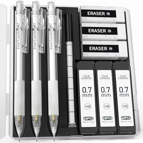 Four Candies Pastell Druckbleistift Set mit Etui 3 transparente Weiß 0,7mm Druckbleistifte mit 180 HB Bleistiftminen 3 Radiergummis und 9 Radiergummi-Nachfüllungen zum kinder Schreiben von Skizzieren