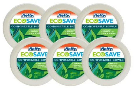 Hefty EcoSave - Cuencos desechables, hechos de materiales a base de plantas, cuencos de papel resistentes y aptos para microondas, 25 cuencos desechables por paquete, 16 onzas cada uno (paquete - 6)
