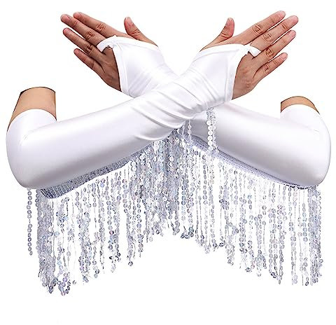 Eyret Damen Fingerlose Handschuhe Pailletten Satin Fransen Abschlussball Party Ellenbogen Länge, C-silver, Standard