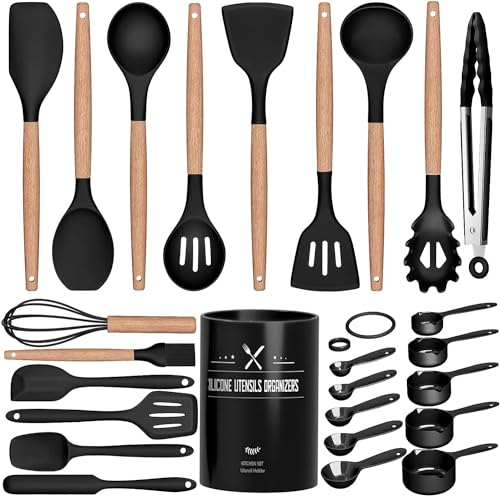 Lot de 26 ustensiles de cuisine en silicone résistants à la chaleur avec porte-ustensiles - Antiadhésifs - Avec manche en bois - Pour tongs, whisky, spatula - Noir