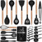 Lot de 26 ustensiles de cuisine en silicone résistants à la chaleur avec porte-ustensiles - Antiadhésifs - Avec manche en bois - Pour tongs, whisky, spatula - Noir