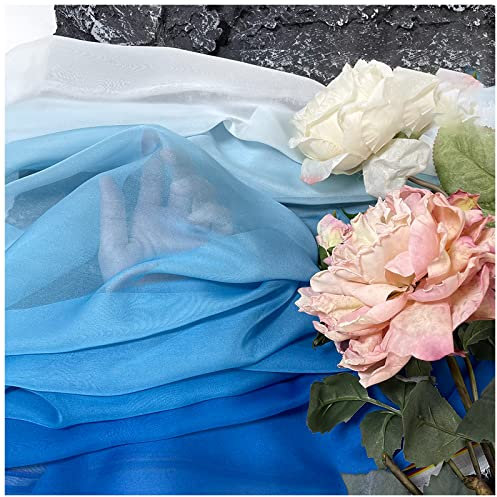 LPLND Chiffon Decorative Fabric Farbverlauf Bedruckter Chiffonstoff 150cm Breit Meterware Für Rockhemden Kleidung Handarbeit(Color:Sommerblauer Farbverlauf in Weiß)