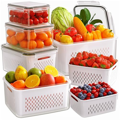10 PCS Fruit Storage Containers for Fridge with Removable Colanders, 5 Plastic Food Storage Containers with 5 Lids, Leakproof Produce Containers Keep Fruits, Vegetables, Berry, Meat Fresh Longer