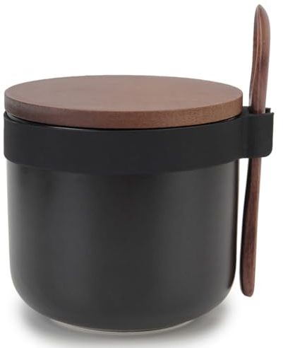 Chase Chic Sugar Bowl with Lid and Spoon, Ceramic Spice Storage Jar with Wooden Lid and Spoon for Kitchen, 250ml Sugar Jar Black
