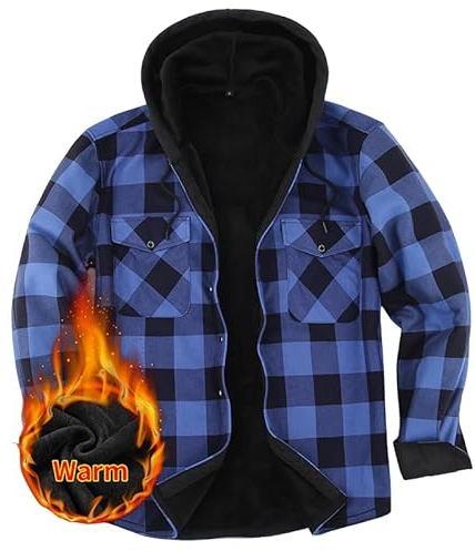 Hemdjacke Herren Mit Kapuze Kariert Wattiert Holzfällerhemd Frühling Und Herbst Thermohemd (Blau, XL)
