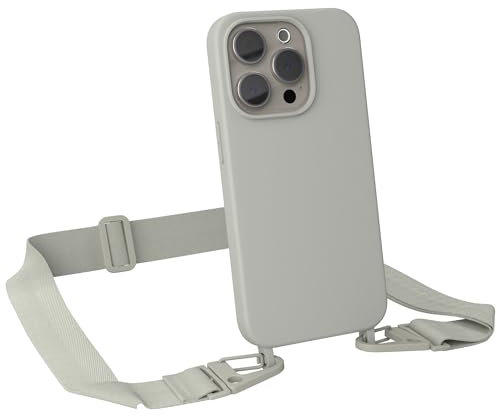 EAZY CASE - Handykette mit Band kompatibel mit iPhone 15 Pro - dünne Handyhülle für iPhone 15 Pro Hülle Silikon stoßfester Fallschutz Kette zum Umhängen Hülle mit Band in Taupe - Clips Taupe
