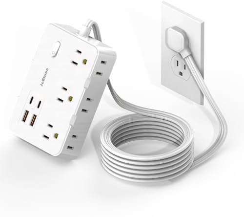 Flat Plug Surge Protector, 5ft Ultra Thin Extension Cord with 4 USB Wall Chargers (2 USB C Ports), 6 Widely Compact Spaced Outlets for Travel,