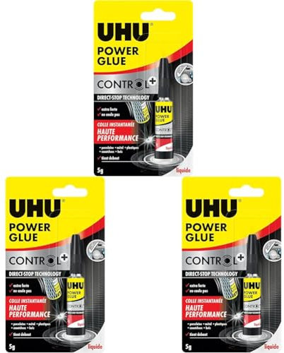 UHU Power glue liquide control+ - colle instantanée, ultra rapide et forte, technologie anti-goutte, sans solvants, transparente, tube 5g (Lot de 3)