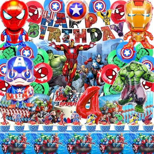 82 Stück Superhelden 4 Jahre Geburtstagsdeko Set Aveger, Superhelden 4 Jahr Party Dekoration Supplies, Aveger Deko Geburtstag Kinder, Superhelden Geschirr Teller Tischdecke Servietten Hintergrund