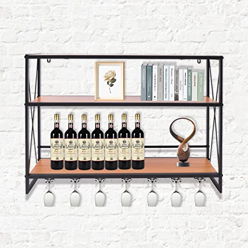 Weinregal Wand mit Glashalter, Rustikaler Metall-Weinhalter,Weinregal Wand,2-stufiges Holz-Weinregal für 10 Flaschen Wein Weinständer,Wandmontage Weinregal für Küche, Zuhaus, Flaschenhalter,Weinregal