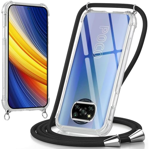 Oelrstfe Funda para Xiaomi Poco X3 NFC/X3/X3 Pro con Cuerda, Transparente TPU Suave Silicona Carcasa con Correa Colgante Ajustable Collar para Xiaomi Poco X3 NFC/X3 Pro, Negro