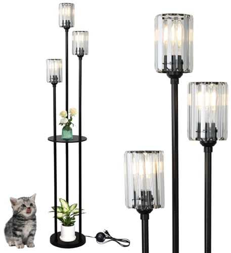 Rayofly Moderne Stehlampe Wohnzimmer, 3-flammige Schwarz Stehlampen mit Regal, Kristall Stehlampe mit Glas Lampenschirm & Fußschalter, Ragal Stehlampe für Schlafzimmer, Büro, Crystal Floor Lamp