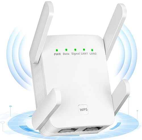Amplificador WiFi con 1200 Mbps, repetidor WLAN de doble banda de 2,4 GHz y 5,8 GHz, amplificador de Internet con 4 antenas externas de 2 dBi, amplificador de Internet de hasta 3000 m² (blanco)